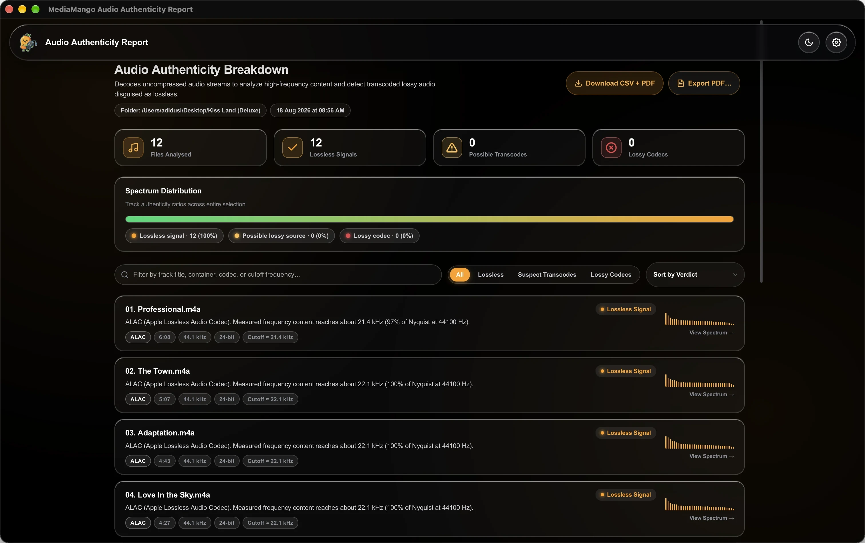 Audio authenticity report showing lossless signal ratio and track breakdown