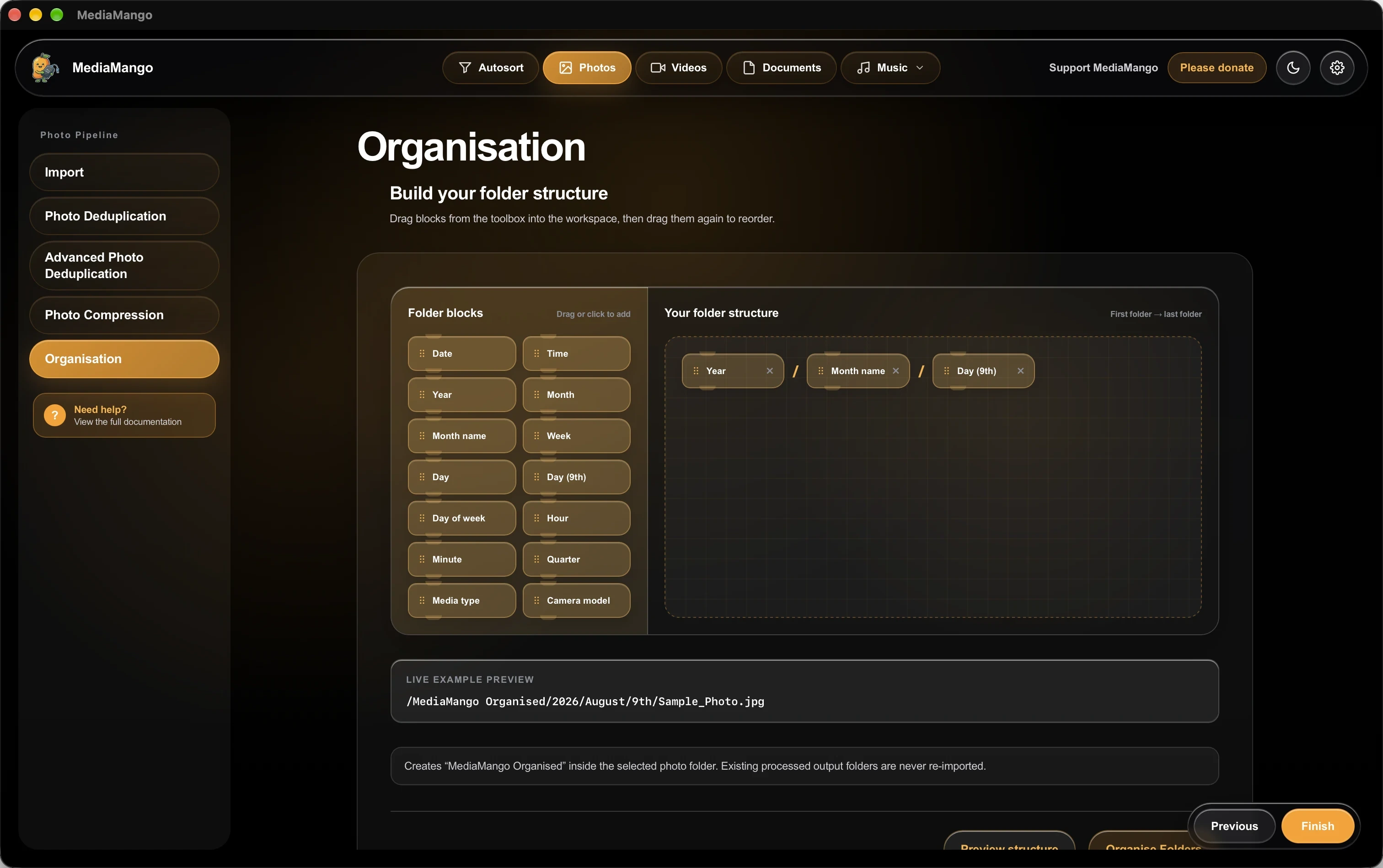 Organisation folder structure builder with drag-and-drop tokens and live example path preview