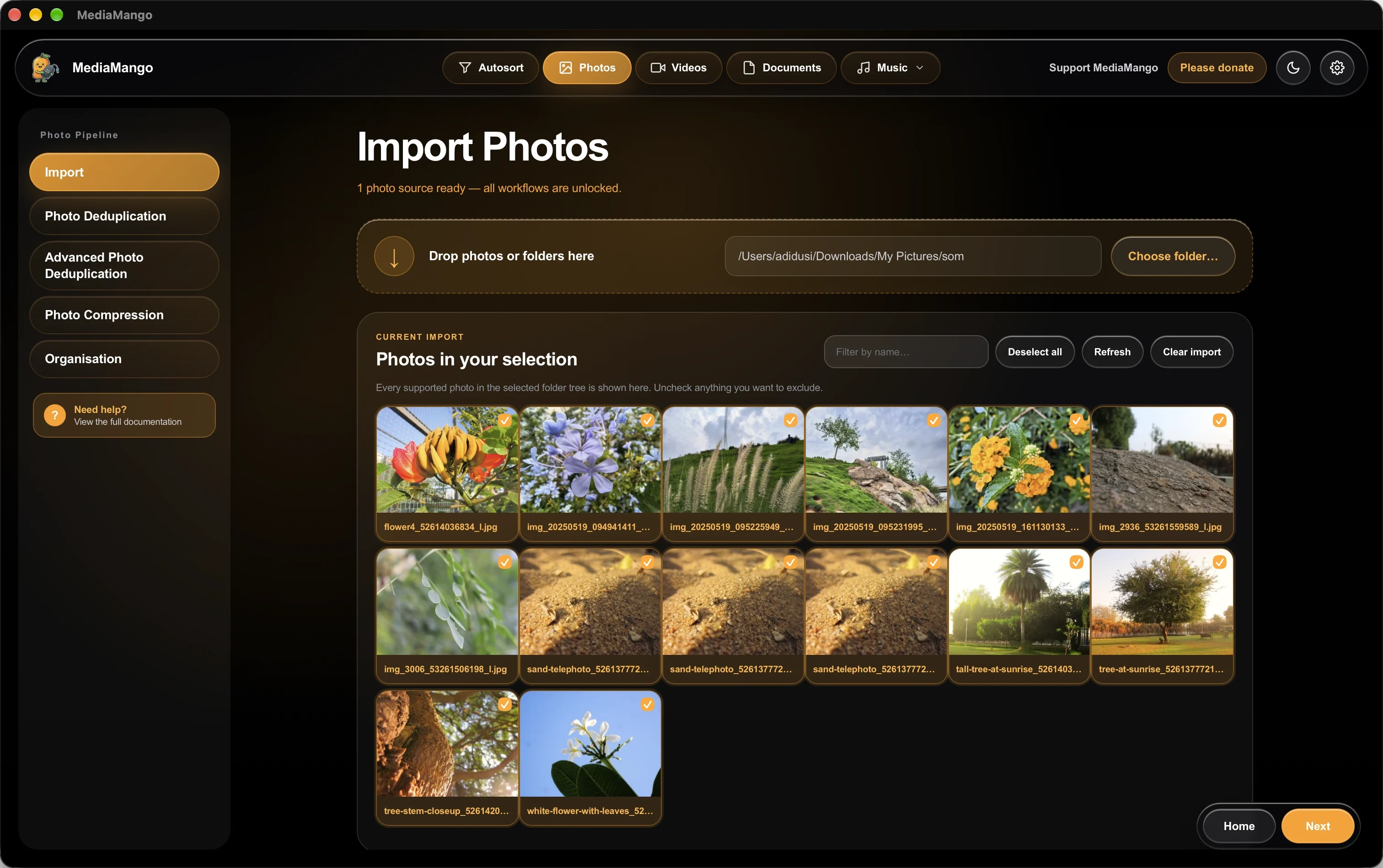 Import photos selection grid showing thumbnails, file names, and selective queue