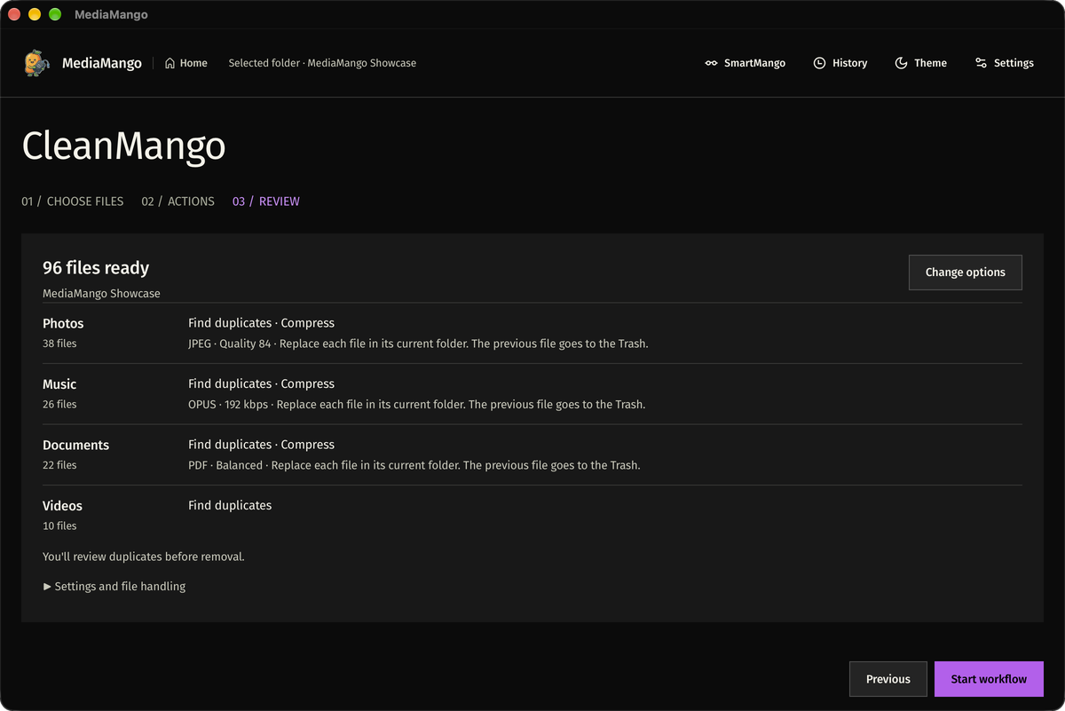 MediaMango CleanMango workflow review summary showing files ready to process