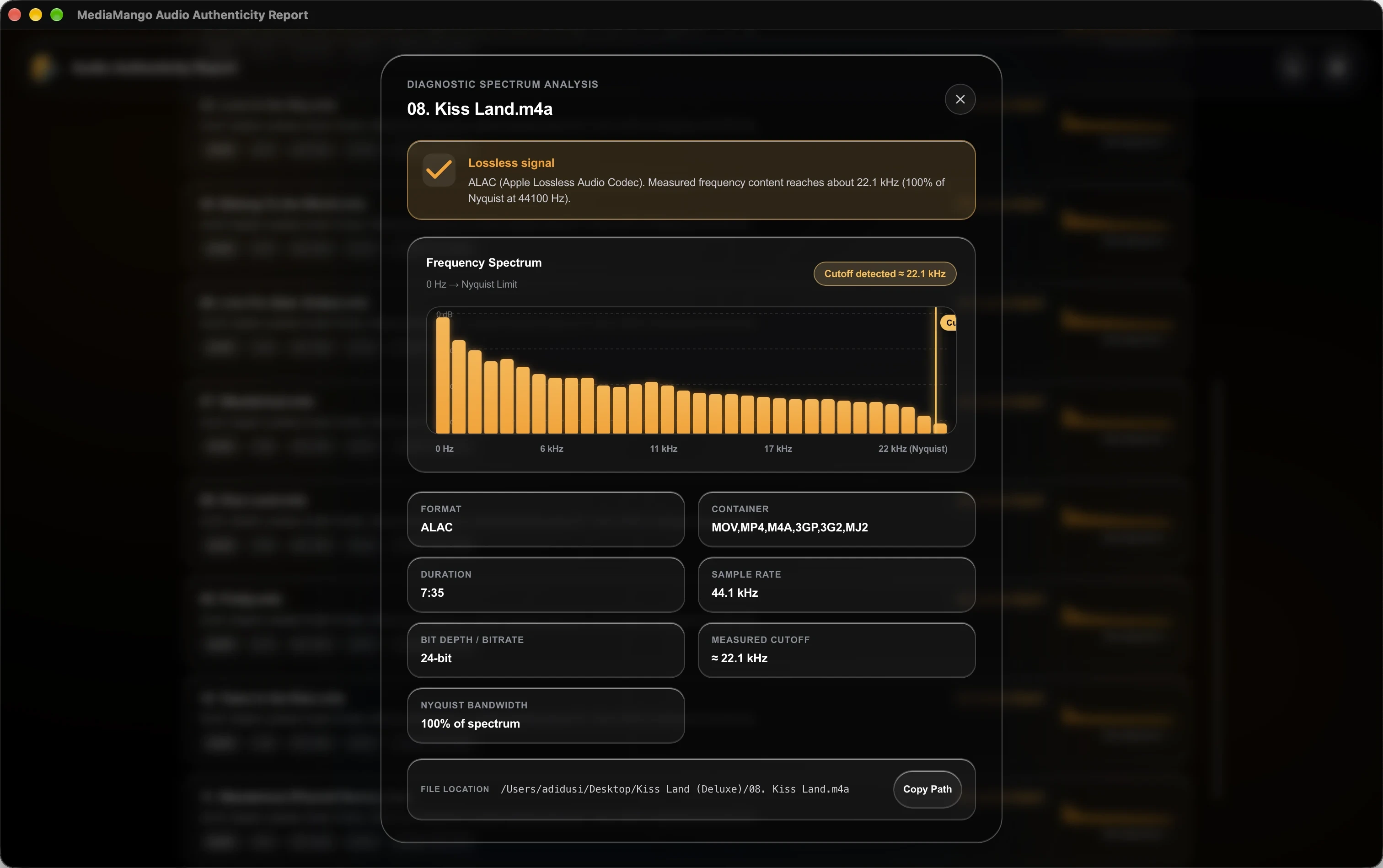 Diagnostic spectrum analysis modal showing frequency bar graph and Nyquist cutoff